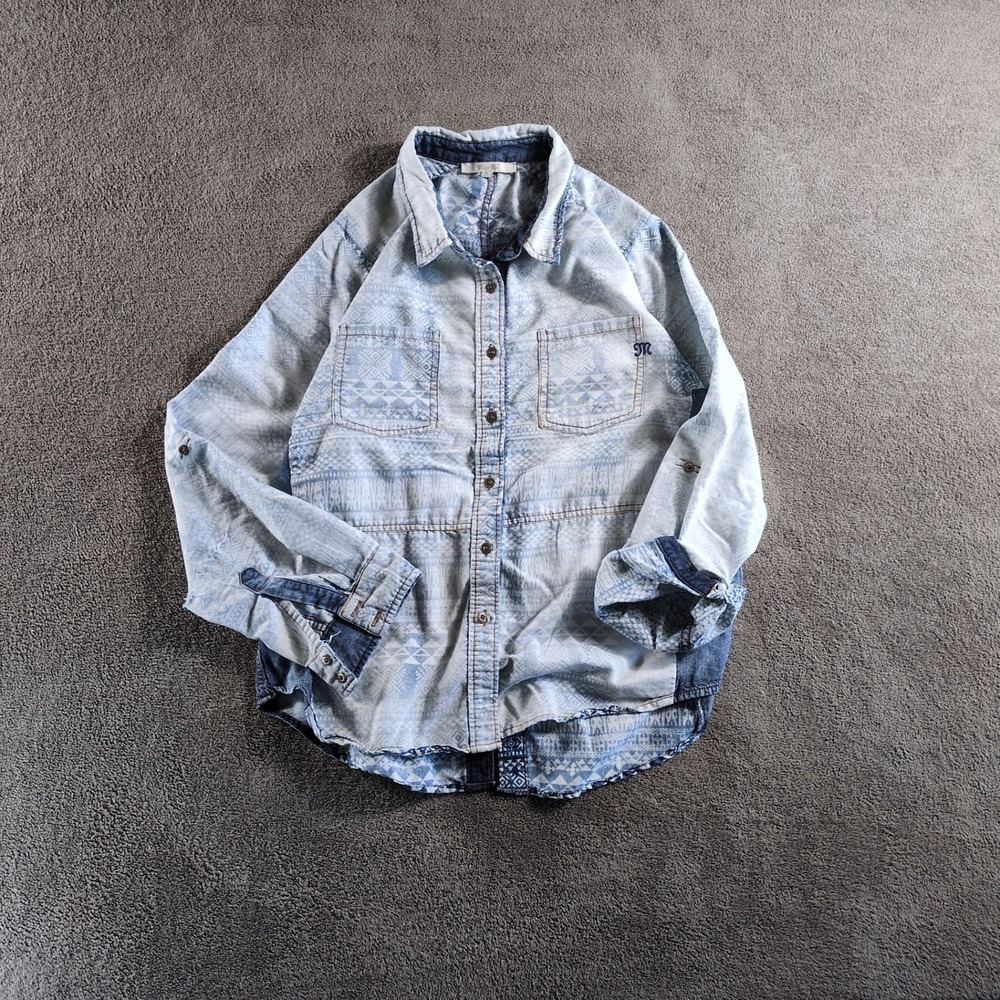 Miss Me Women's Denim Shirt‎ Blue Geometric Print Button Down Casual Size M